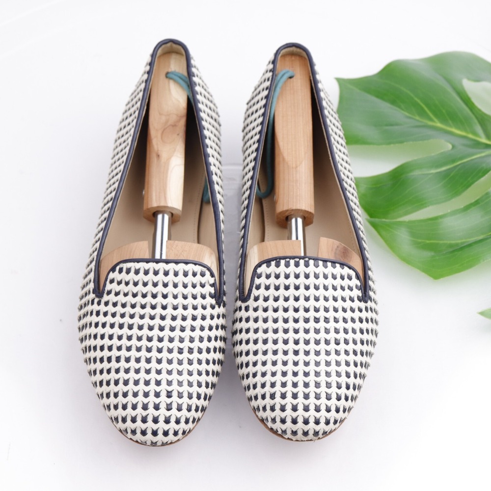 J Crew Shoes Womens Cleo Loafers Size 9.5 White Navy Leather Texture Flats Italy